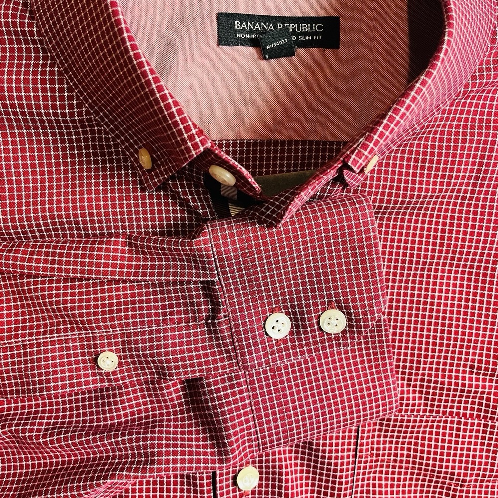 Banana Republic Mens XL Tailored Slim Fit Red Non Iron Cotton Dress Shirt
